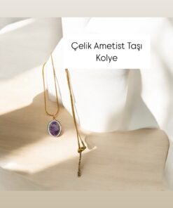 Çelik Ametist Taşı Kolye 45 cm