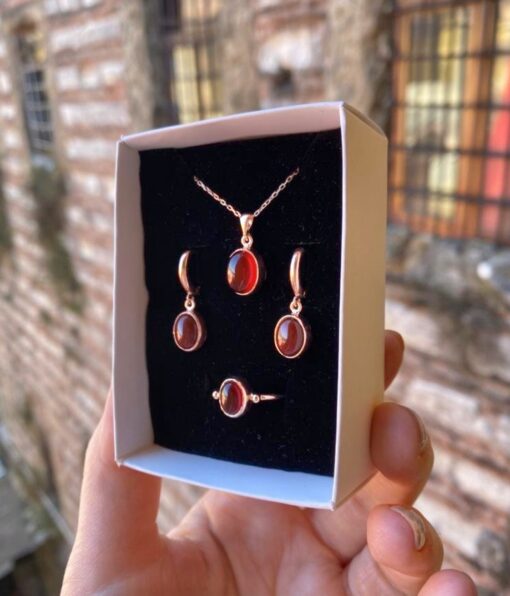 Akik Taşı 925 Ayar Gümüş Set