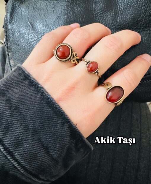 3’lü Bakır Akik Taşı Yüzükler Ayarlamalı