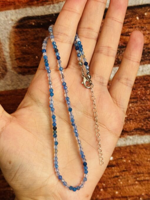 Mavi Akik Doğal Taşı Faset Küre Kesim 3 mm Kolye 40 cm + 5 cm